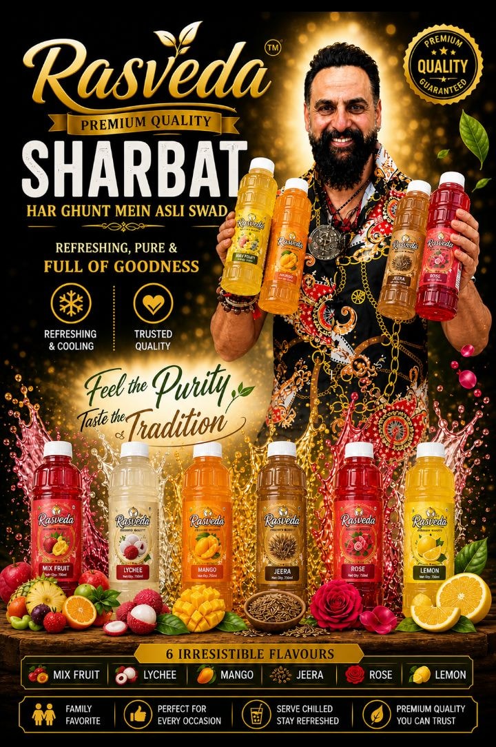 Founder with six Rasveda bottles on a black-and-gold ornamental backdrop