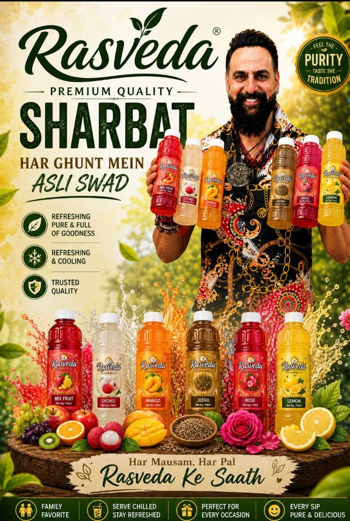 Six Rasveda flavours on a wooden plinth with the founder behind