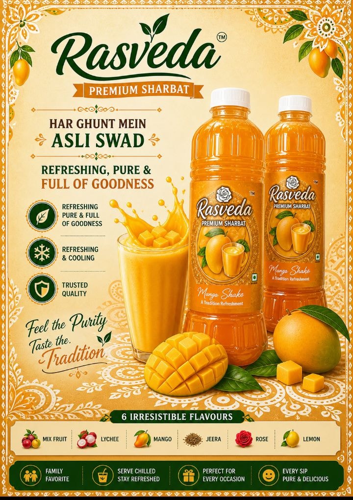 Rasveda Mango Sharbat poured over ice with a cut mango